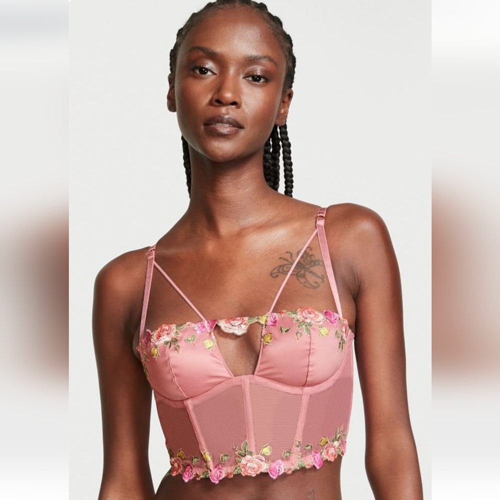 Victoria's Secret Pink Floral Embroidered Longline Bustier Bra